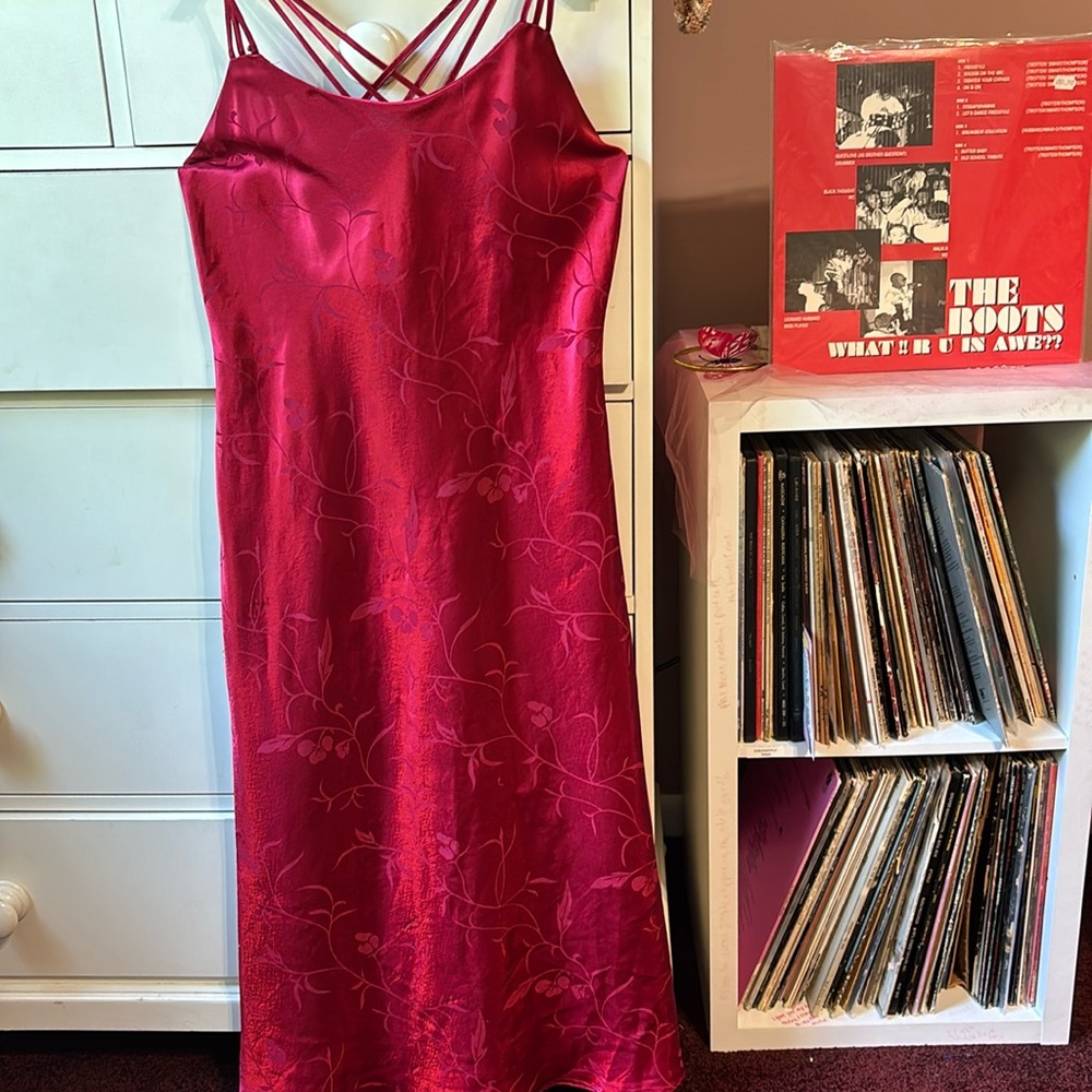 Vintage 90’s Red Satin Printed Strappy Sexy Slip Dress Small Floral Midi Red Hot